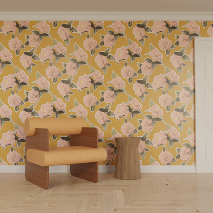 Camellia Wallpaper, mustard - Tampa Home & Garden Store