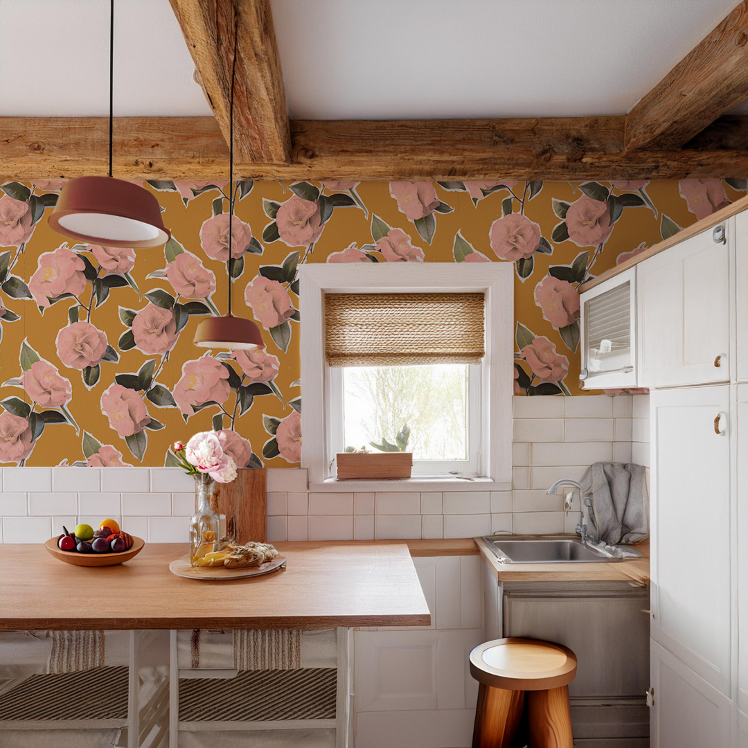 Camellia Wallpaper, mustard - Tampa Home & Garden Store
