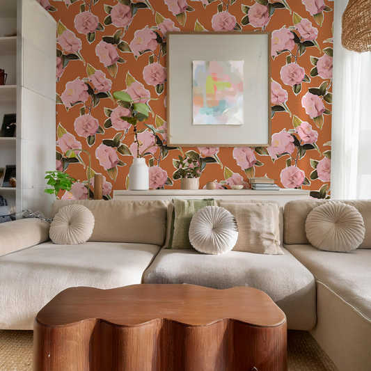 Camellia Wallpaper, rust - Tampa Home & Garden Store