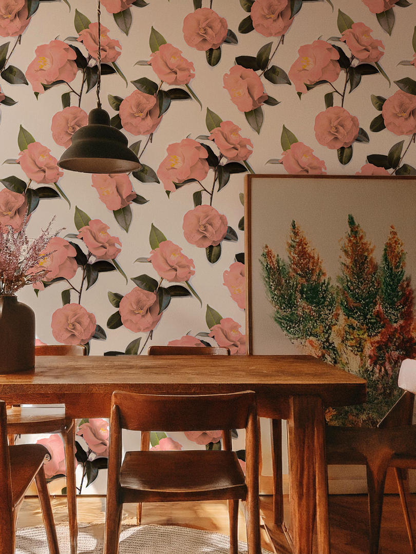Camellia Wallpaper, white and coral - Tampa Home & Garden Store