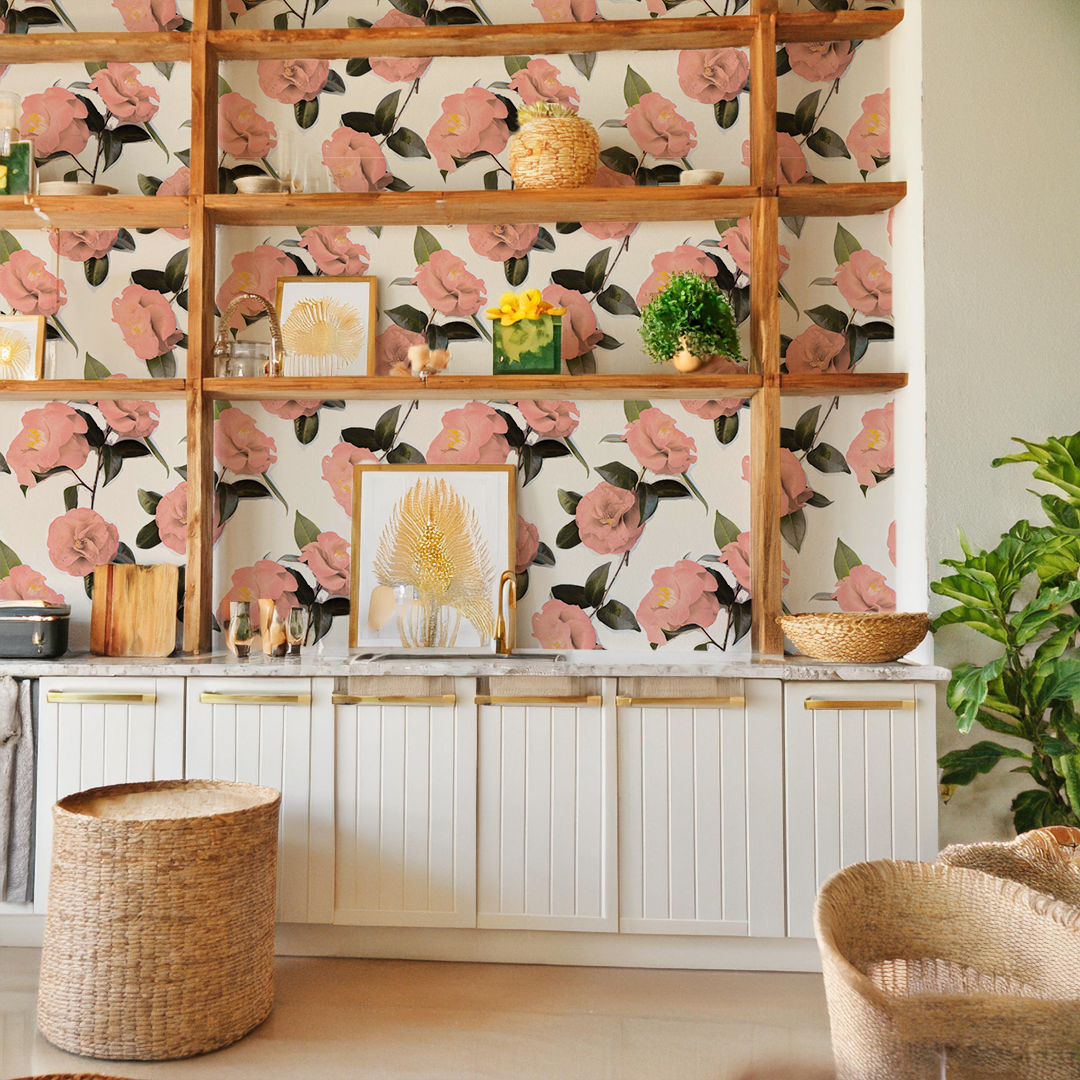 Camellia Wallpaper, white and coral - Tampa Home & Garden Store