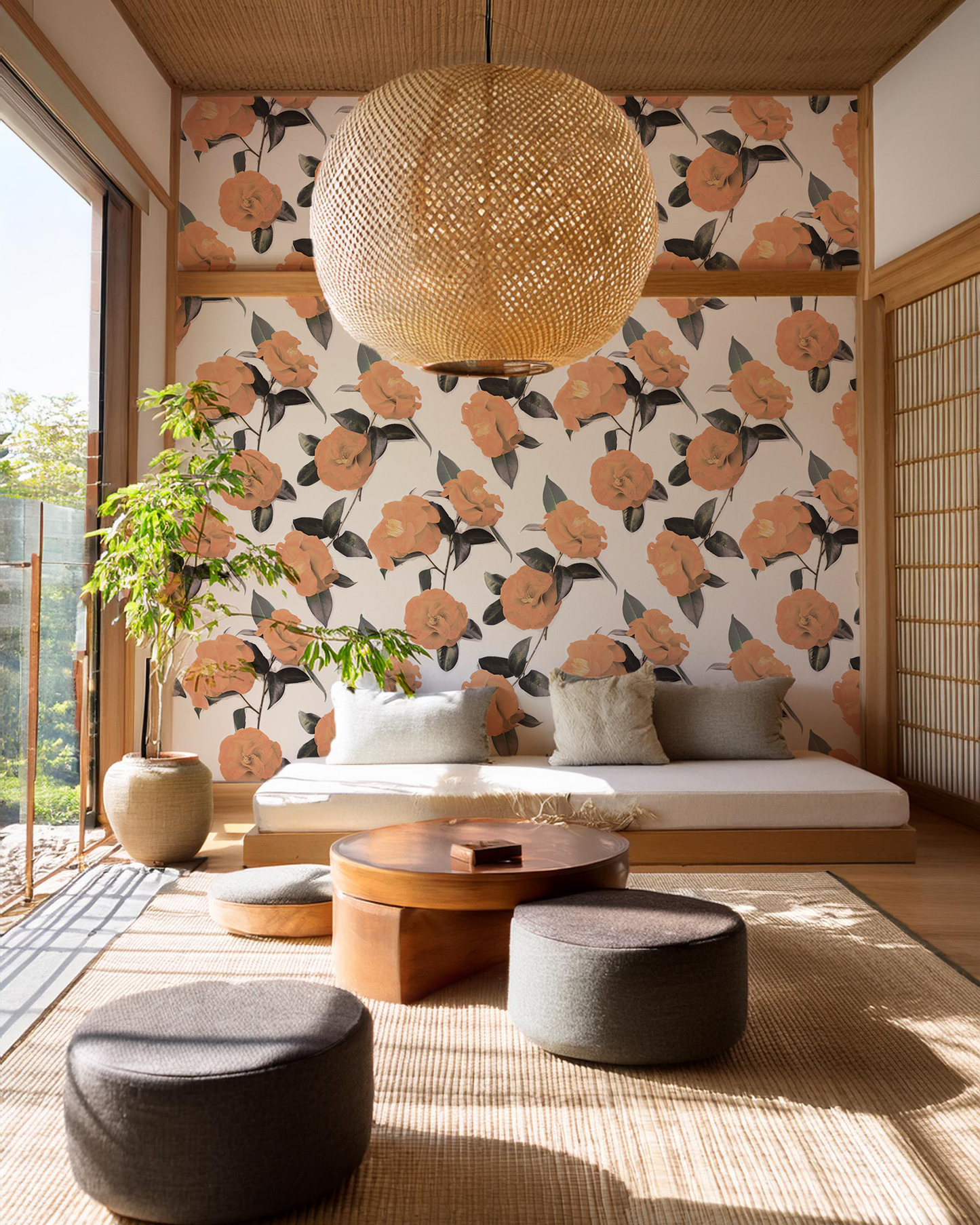 Camellia Wallpaper, white and orange - Tampa Home & Garden Store