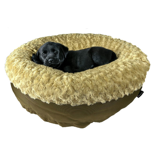 Dog Bed Round Bolstered Furvana beige plush top; brown base; black puppy inside on Tampa Home & Garden Store