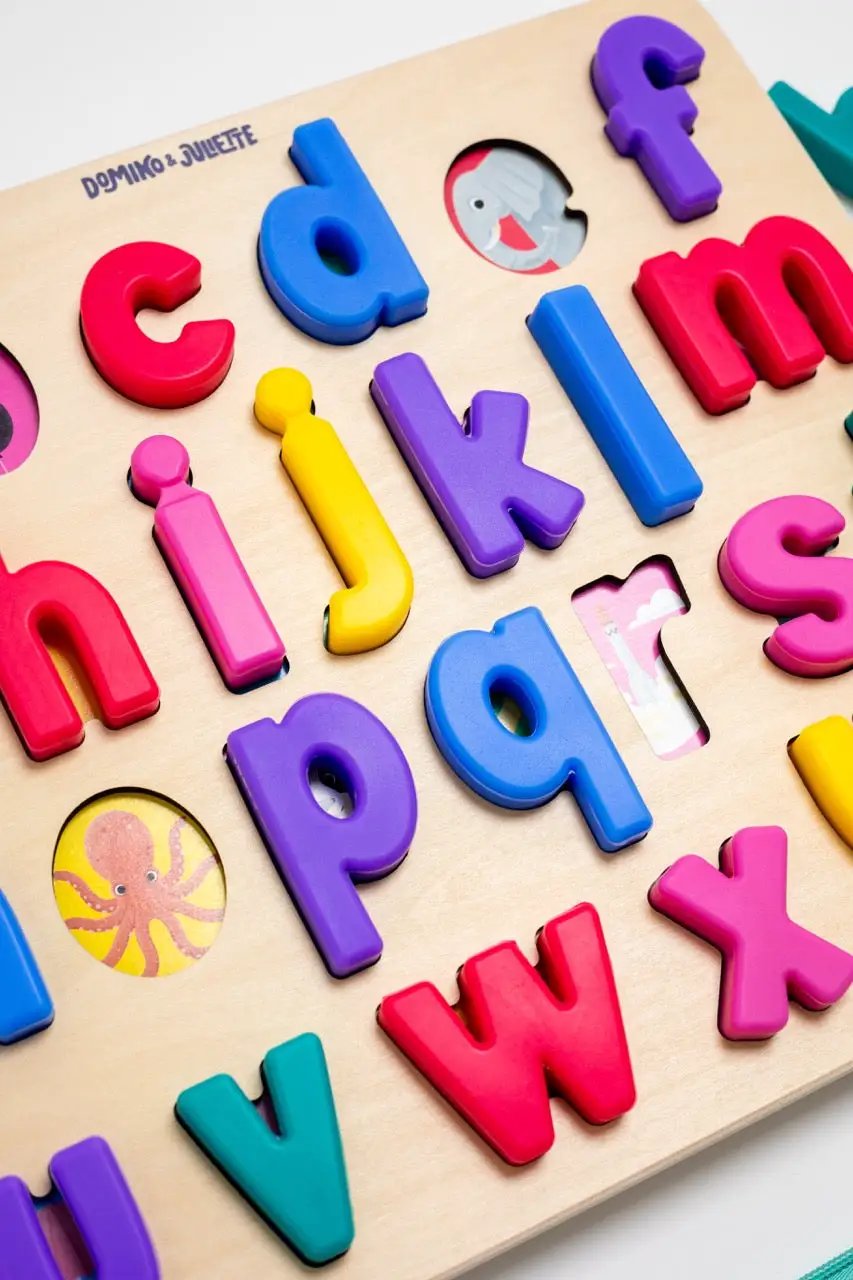 Find & Fit Puzzle wooden colorful alphabet letters by Domino & Juliette on Tampa Home & Garden Store