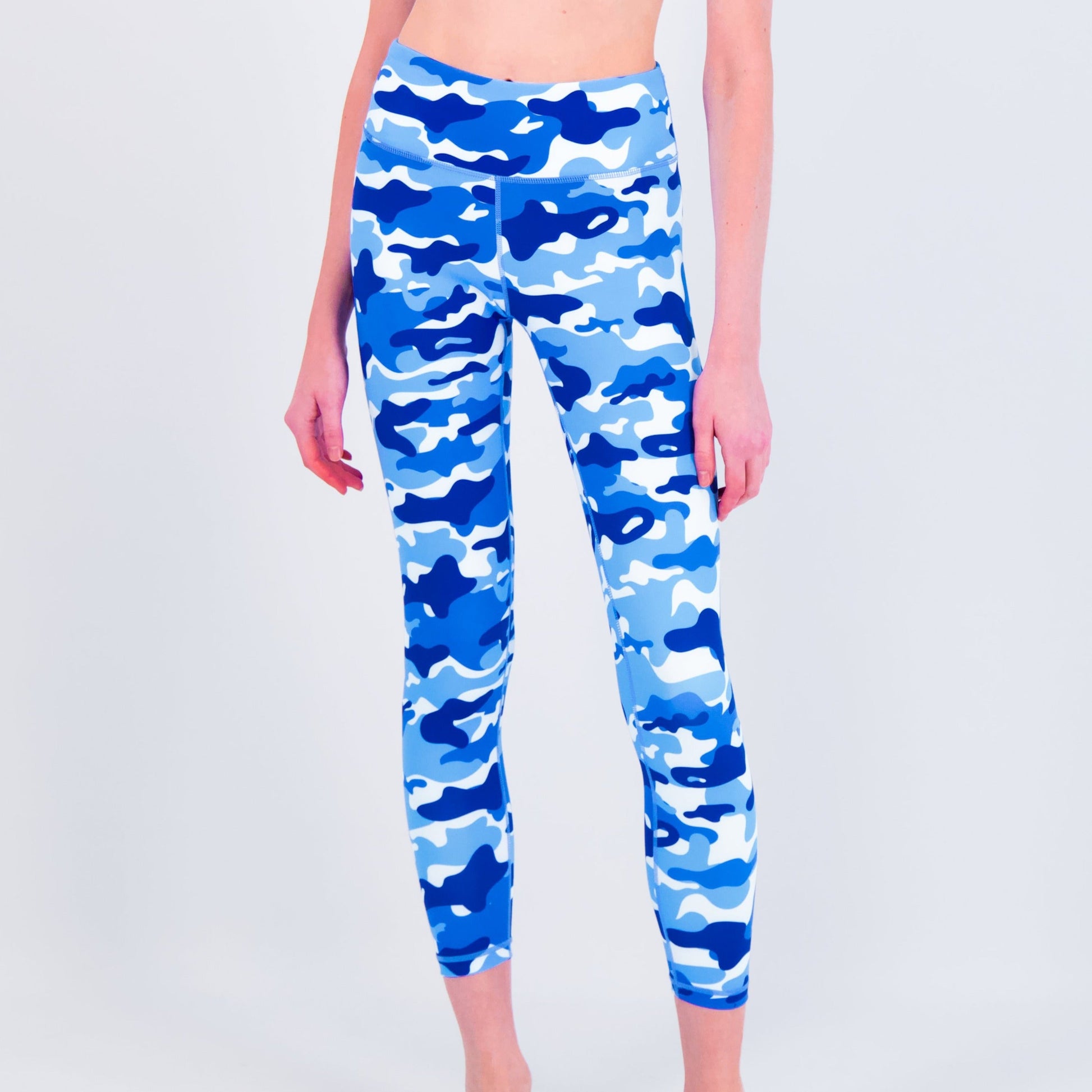 Water Camo Leggings by White Water Life, blue camouflage pattern, high-rise with side pocket on Tampa Home & Garden Store