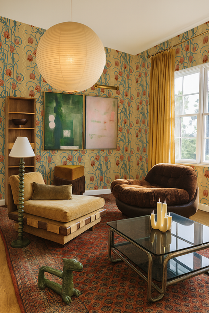 Campanas Wallpaper, butter yellow & slate blue - Tampa Home & Garden Store