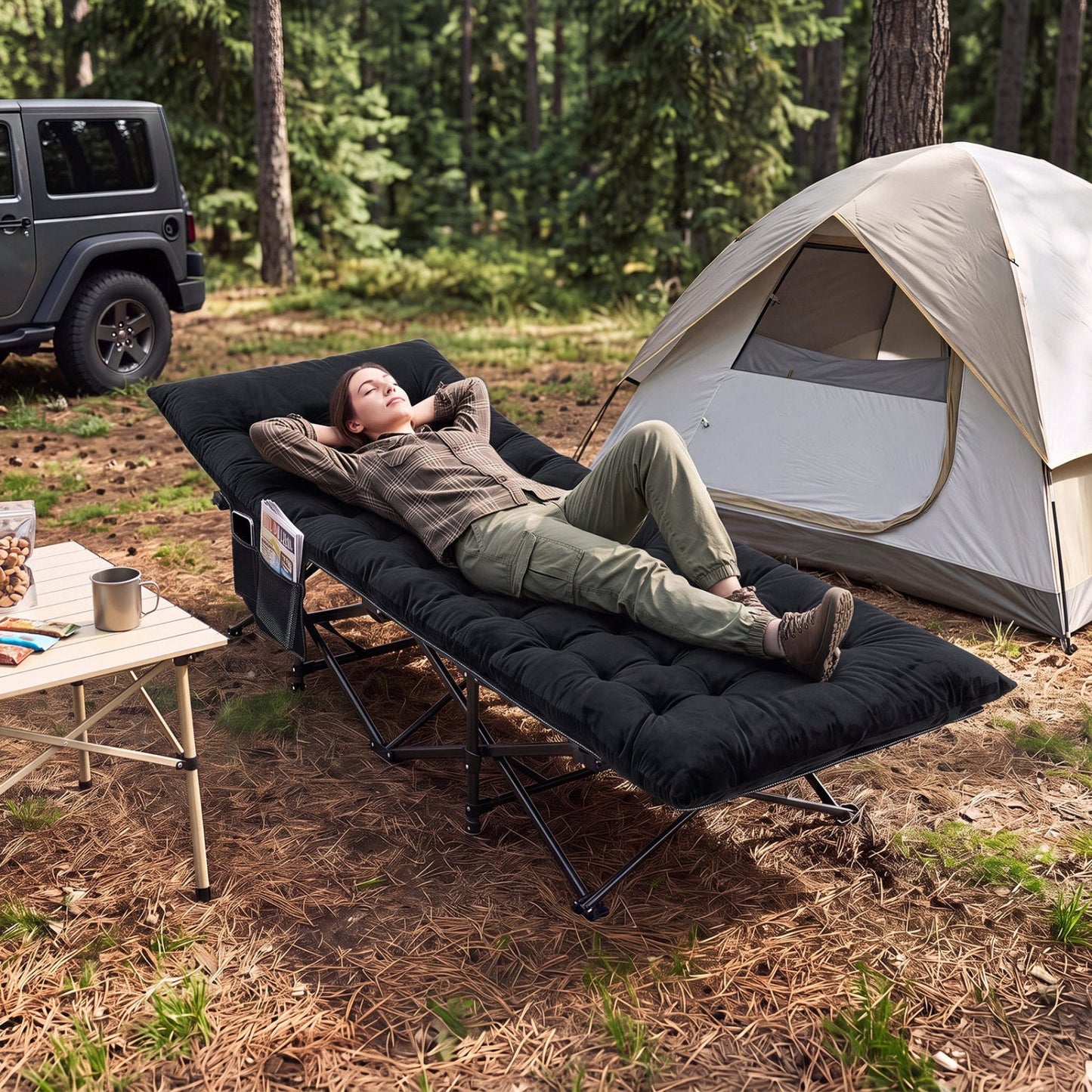 Camping cot for adults with padded mat in black, set up beside tent and camping table on Tampa Home & Garden Store