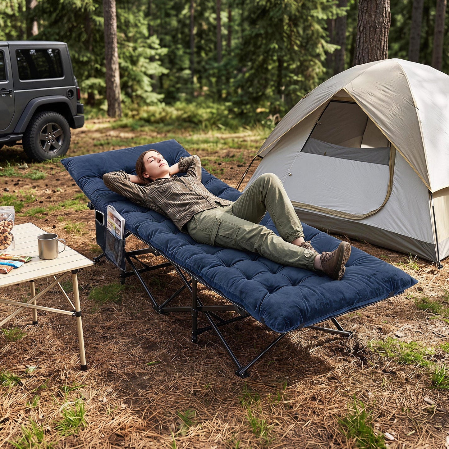DirectDeals camping cot for adults with padded navy mat at forest campsite with tent on Tampa Home & Garden Store