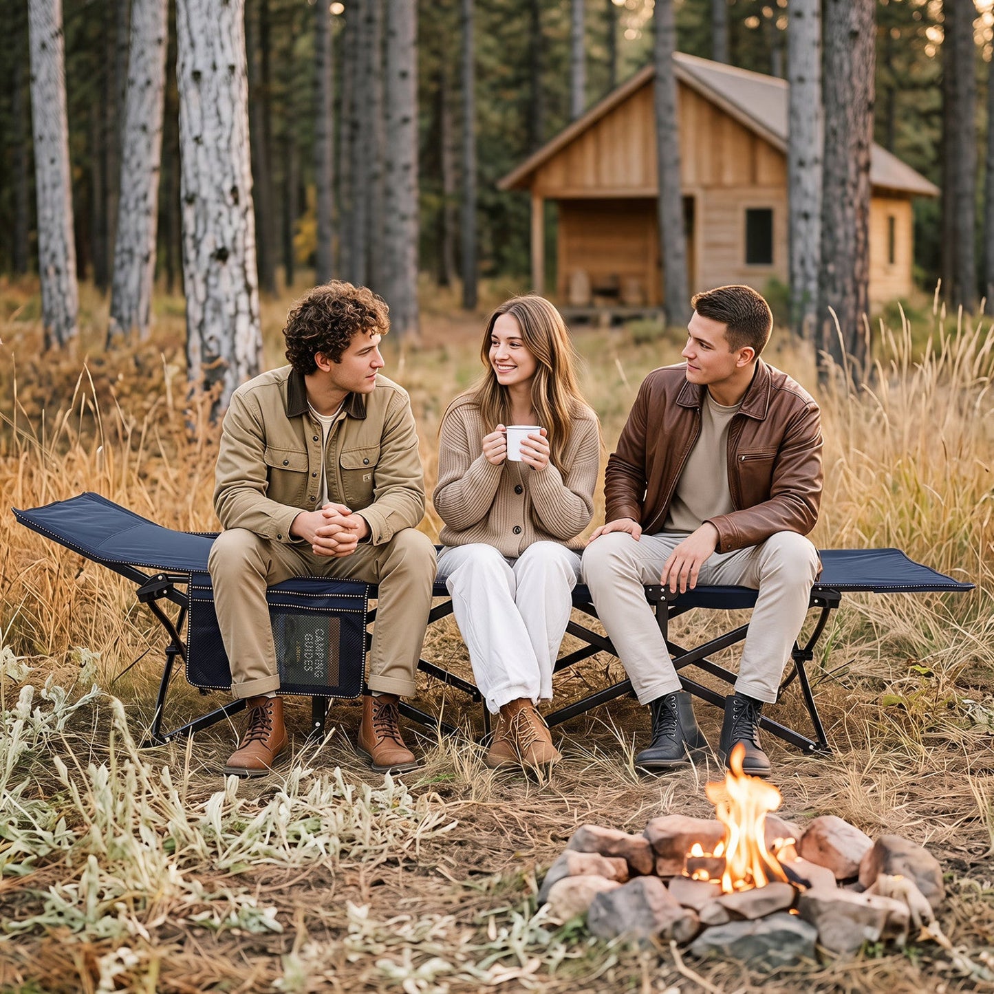 DirectDeals camping cot with padded blue mat, three people on a forest campsite by a campfire on Tampa Home & Garden Store