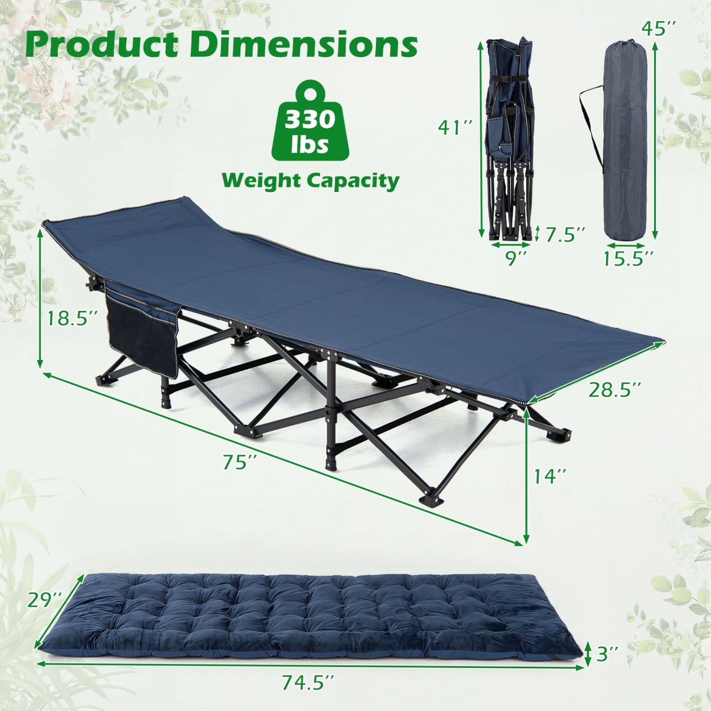 Camping Cot for Adults with Padded Mat by DirectDeals, blue padded surface, foldable frame carrying bag on Tampa Home & Garden Store