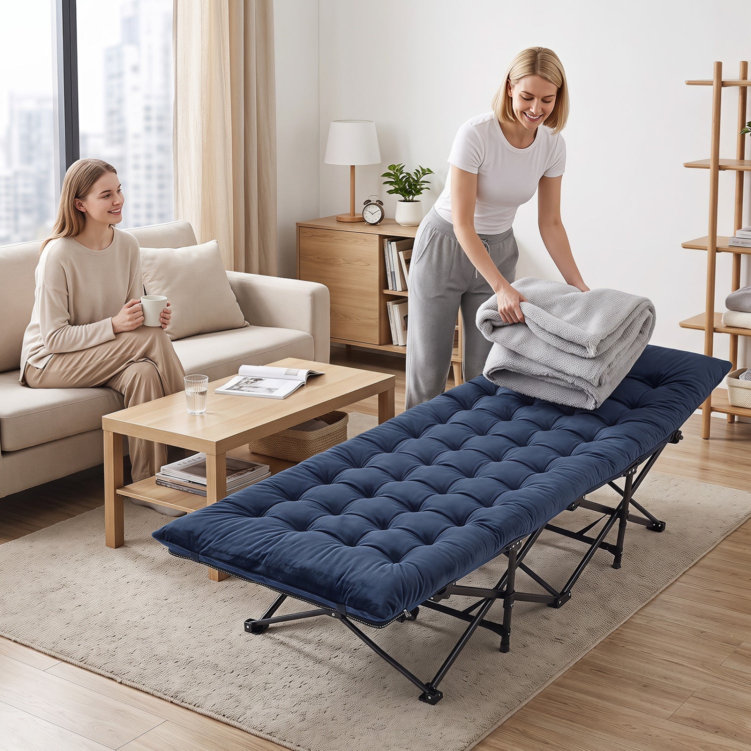 DirectDeals camping cot for adults with padded navy blue mat, shown in a living room on Tampa Home & Garden Store