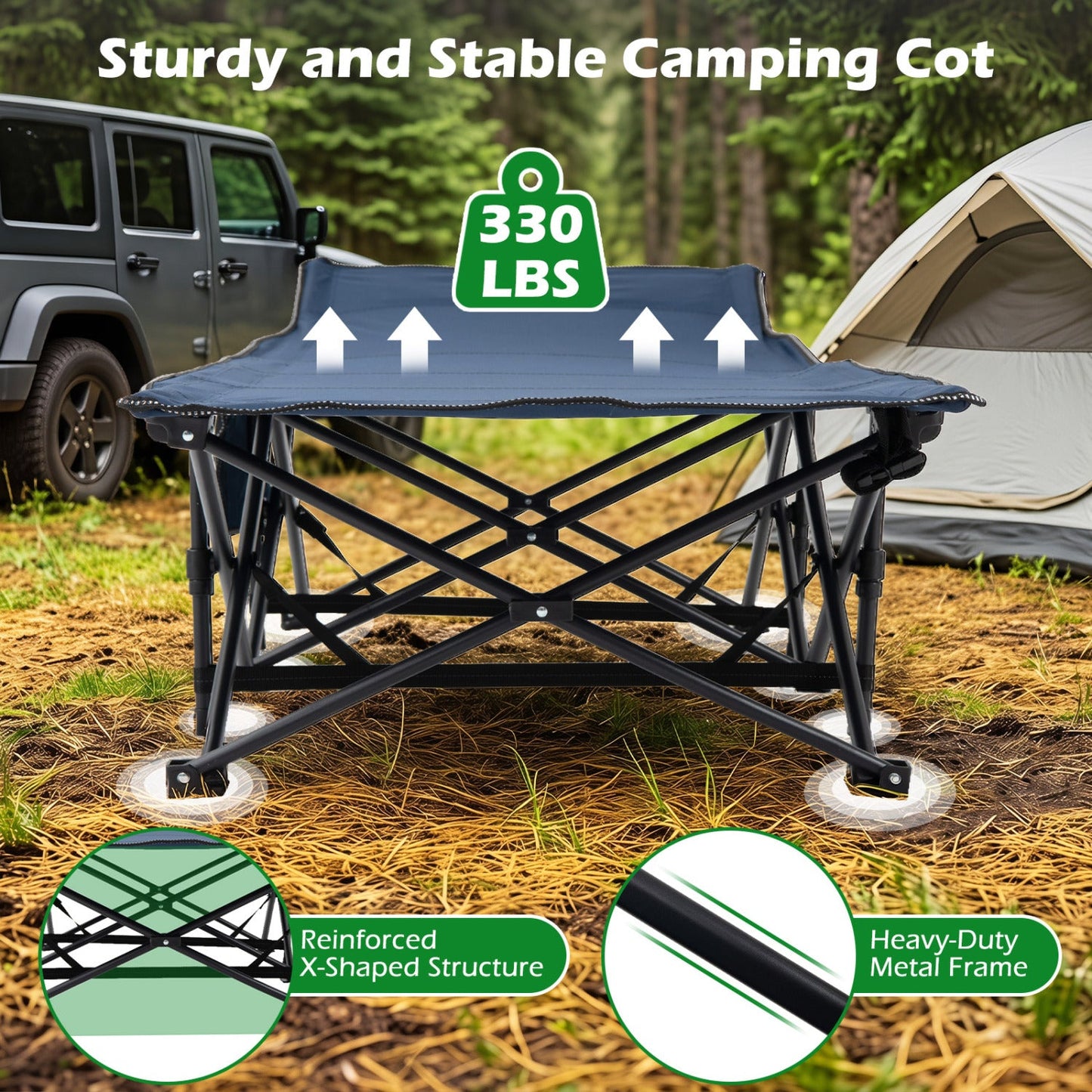 DirectDeals camping cot for adults with padded blue surface and sturdy metal frame, 330 lbs on Tampa Home & Garden Store
