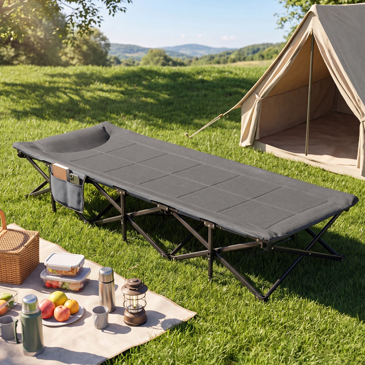 Camping Cot gray with padded pillow and side storage pouch, folding frame, DirectDeals on Tampa Home & Garden Store