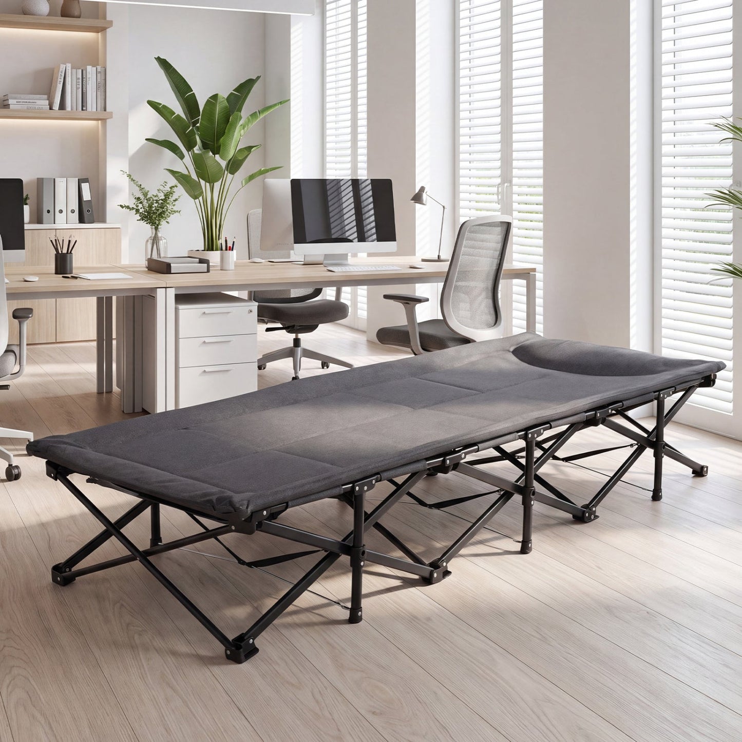 Camping cot DirectDeals gray fabric with padded pillow and storage pouch, foldable frame on Tampa Home & Garden Store