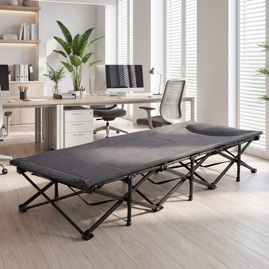 Camping cot GemGear with padded gray mattress and foldable black steel frame on Tampa Home & Garden Store