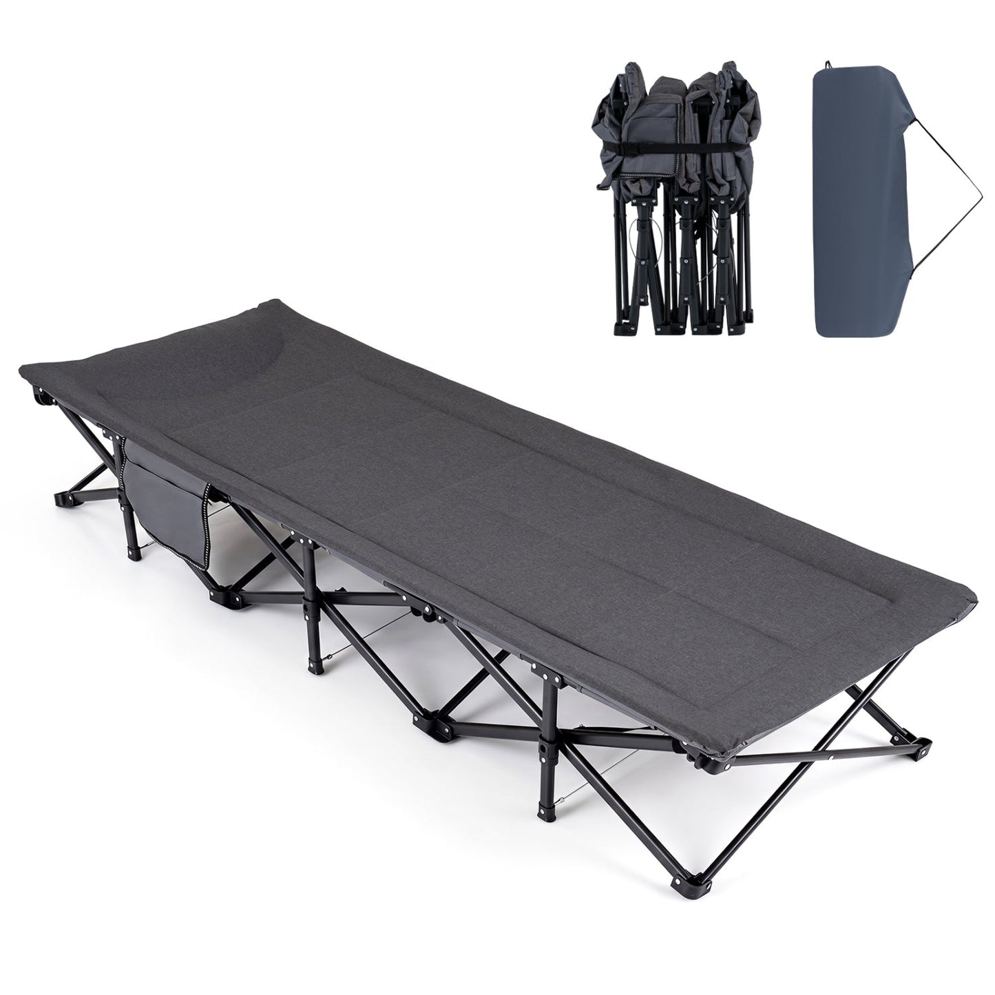 Camping cot by GemGear with padded pillow, gray fabric, foldable frame, storage pouch (2) on Tampa Home & Garden Store