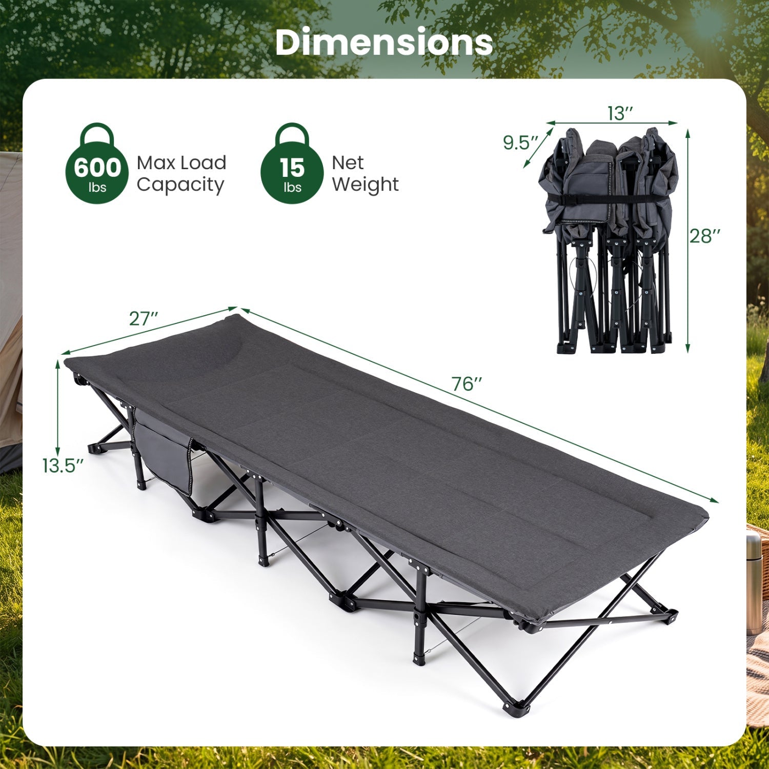 Camping Cot DirectDeals gray with padded pillow and storage pouch 76in long on Tampa Home & Garden Store