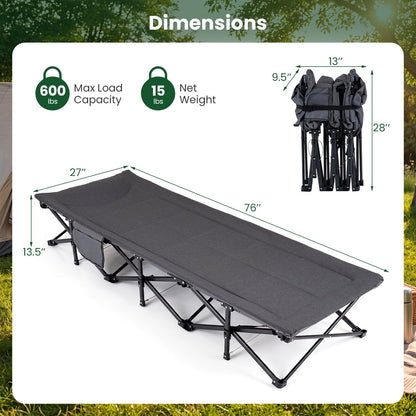 GemGear camping cot with padded pillow and storage pouch in gray, 76in long and 27in wide on Tampa Home & Garden Store