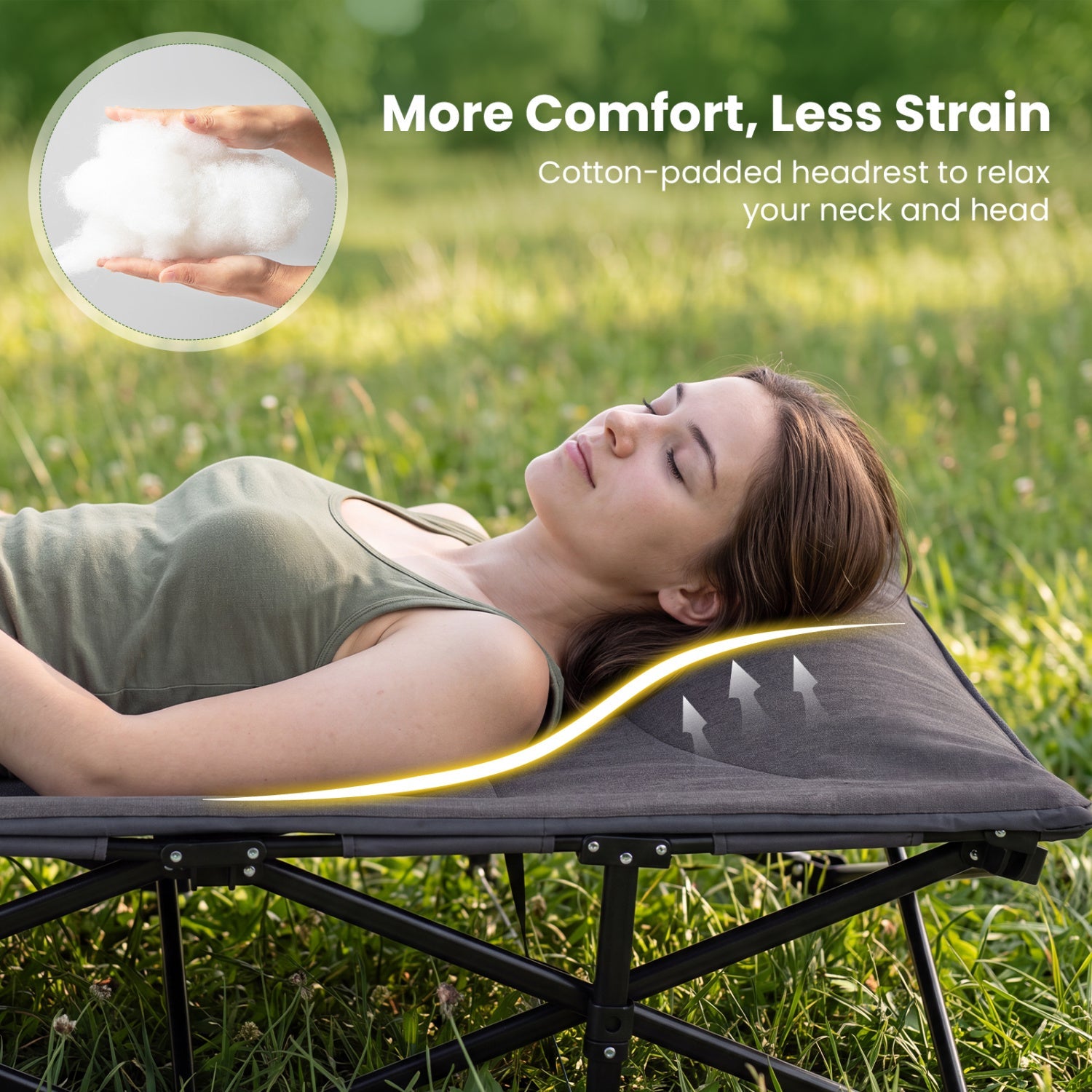 DirectDeals gray camping cot with padded pillow and storage pouch outdoors person resting on cot on Tampa Home & Garden Store