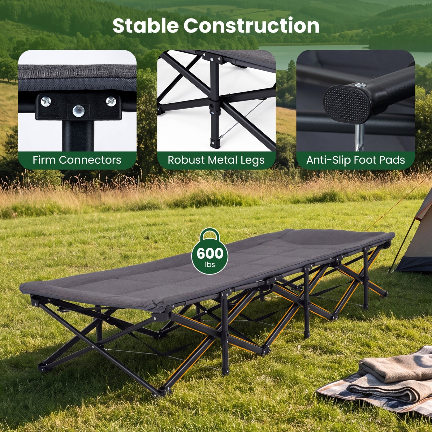 Camping Cot DirectDeals gray with padded pillow and storage pouch on Tampa Home & Garden Store