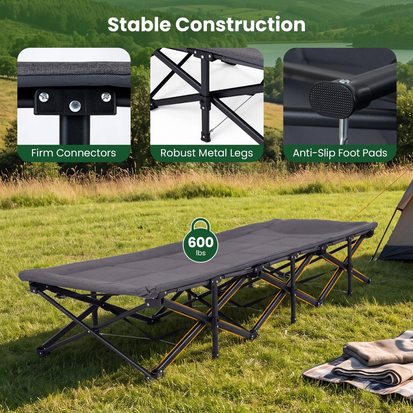 GemGear gray camping cot with padded pillow and storage pouch on Tampa Home & Garden Store
