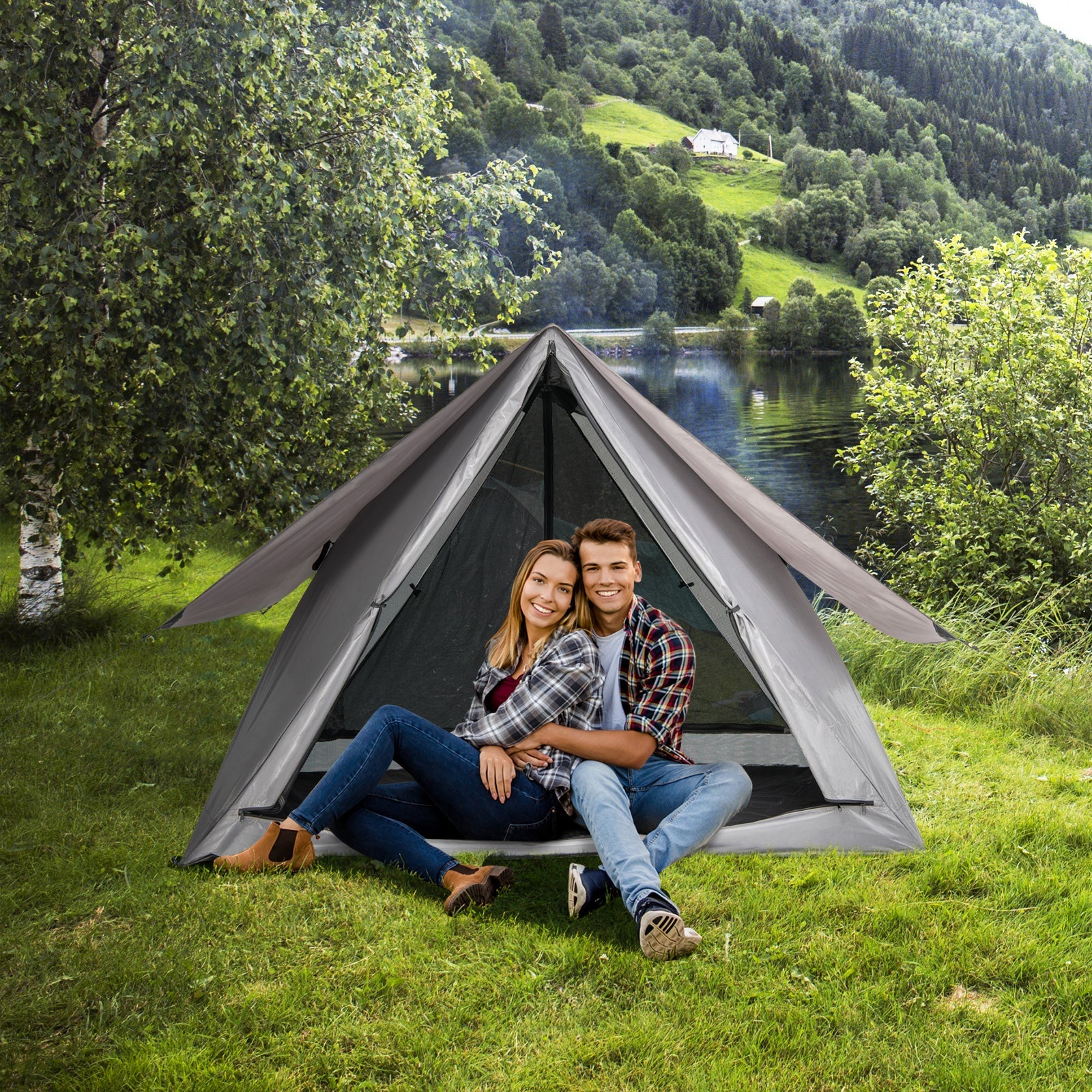 GemGear pop-up tent for 2-3, gray with rainfly; couple at entrance by lake on Tampa Home & Garden Store