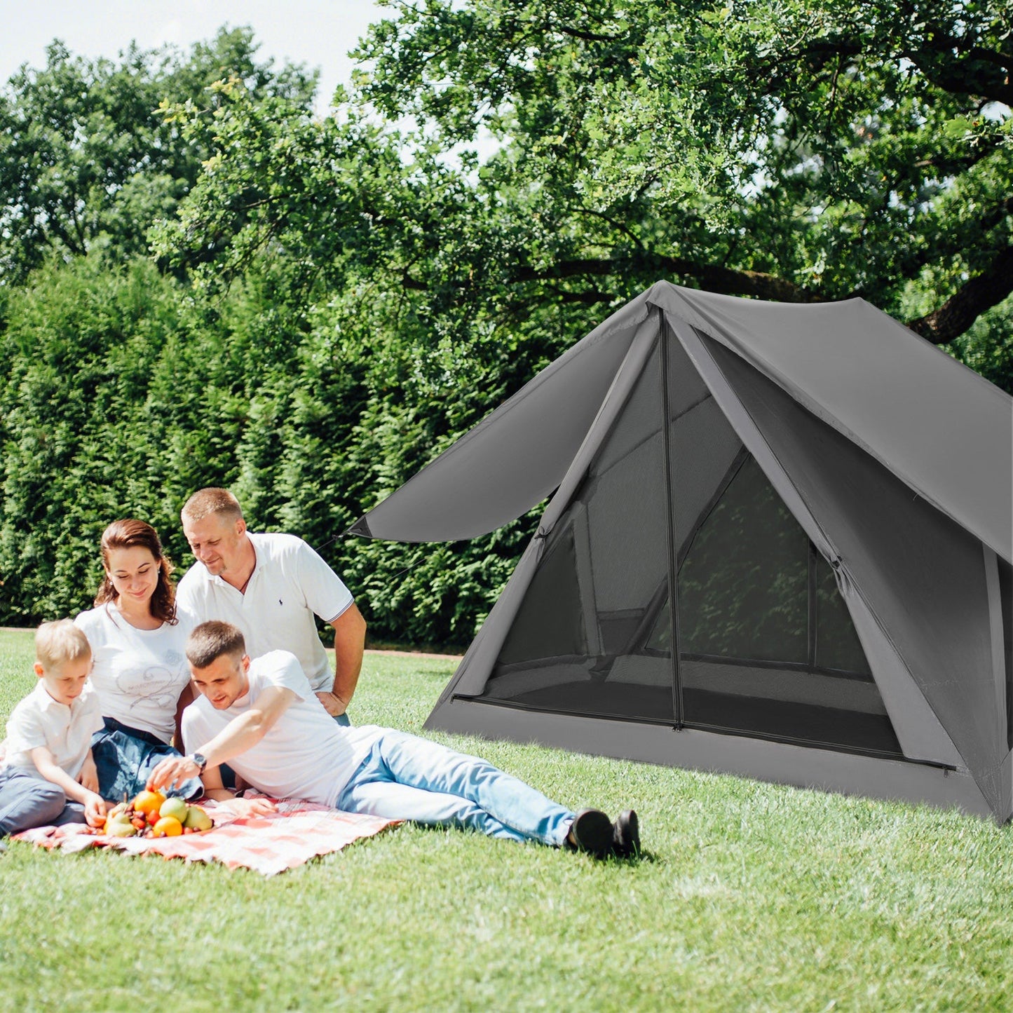 Pop-up camping tent gray GemGear for 2-3 people with rainfly on a grassy lawn beside a family picnic on Tampa Home & Garden Store