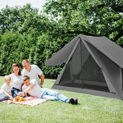 Pop-up camping tent gray GemGear for 2-3 people with rainfly on a grassy lawn beside a family picnic on Tampa Home & Garden Store