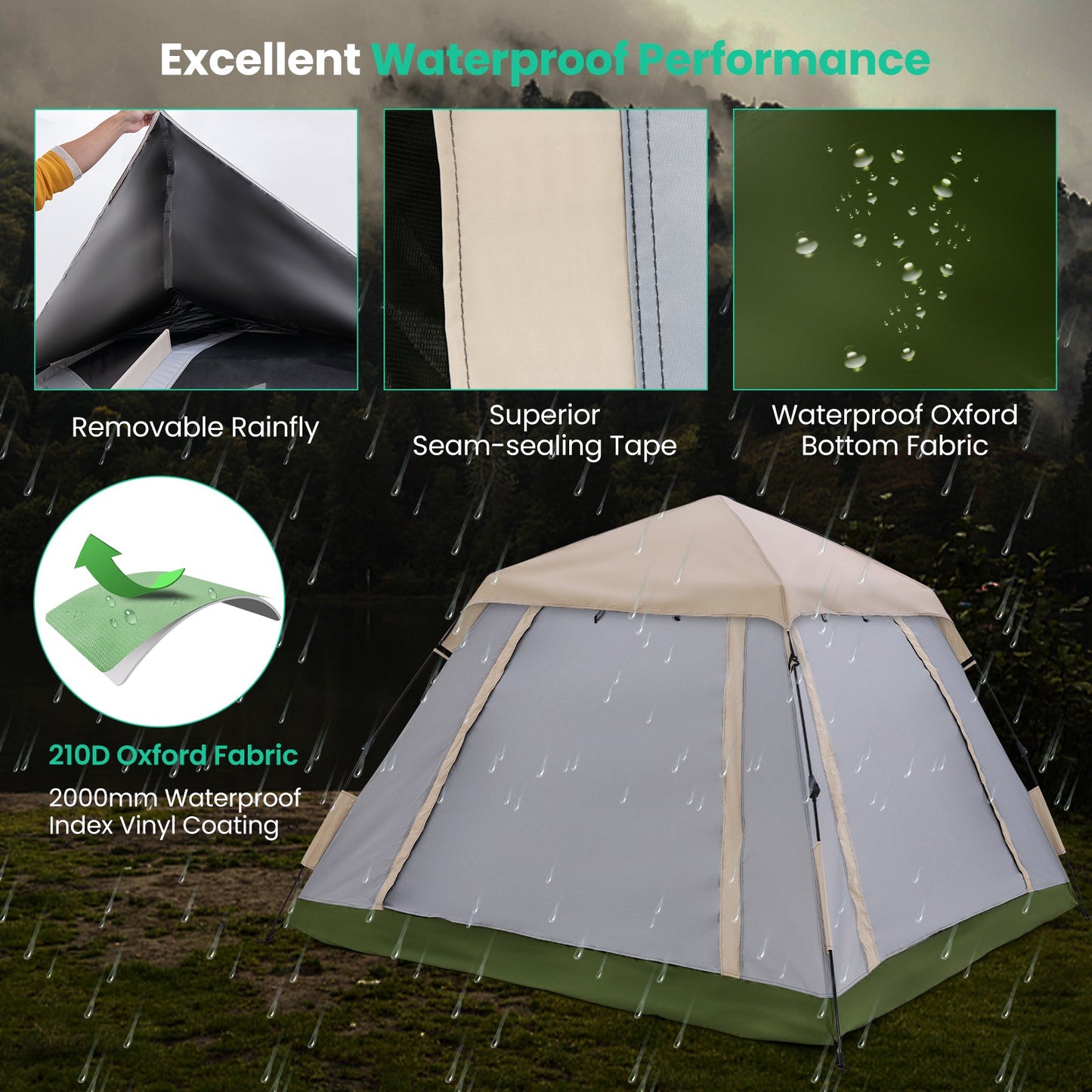 GemGear 2-4 Person Instant Pop-up Tent with Removable Rainfly, gray/beige body with green base on Tampa Home & Garden Store
