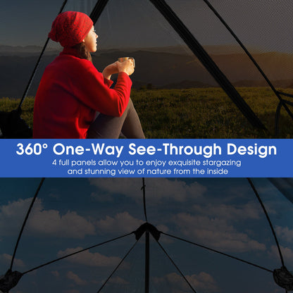 Pop-up camping tent for 2-3 people in gray with see-through mesh; red jacket holds cup on Tampa Home & Garden Store