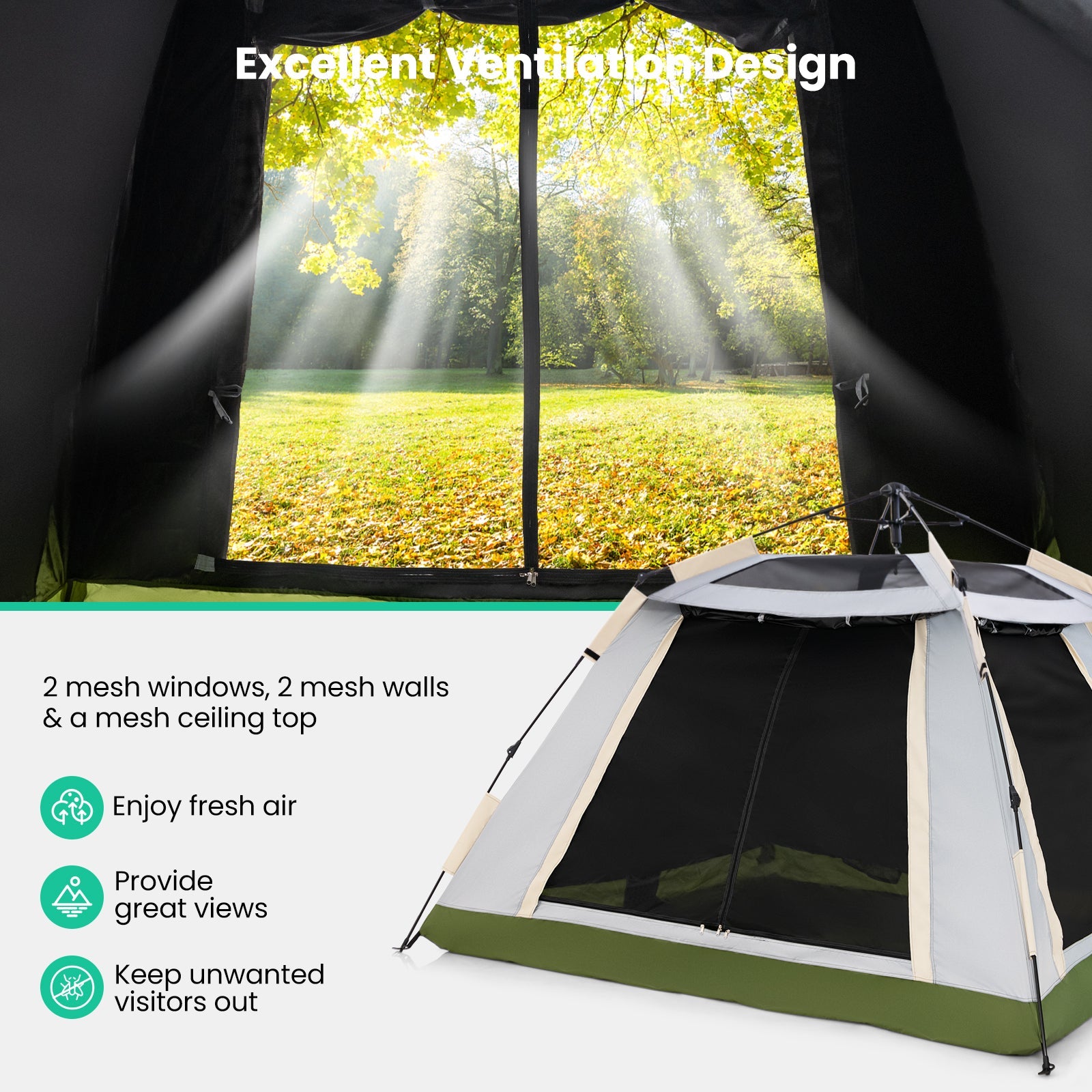 GemGear 2-4 Person Instant Pop-up Tent with Removable Rainfly; black interior, green base on Tampa Home & Garden Store