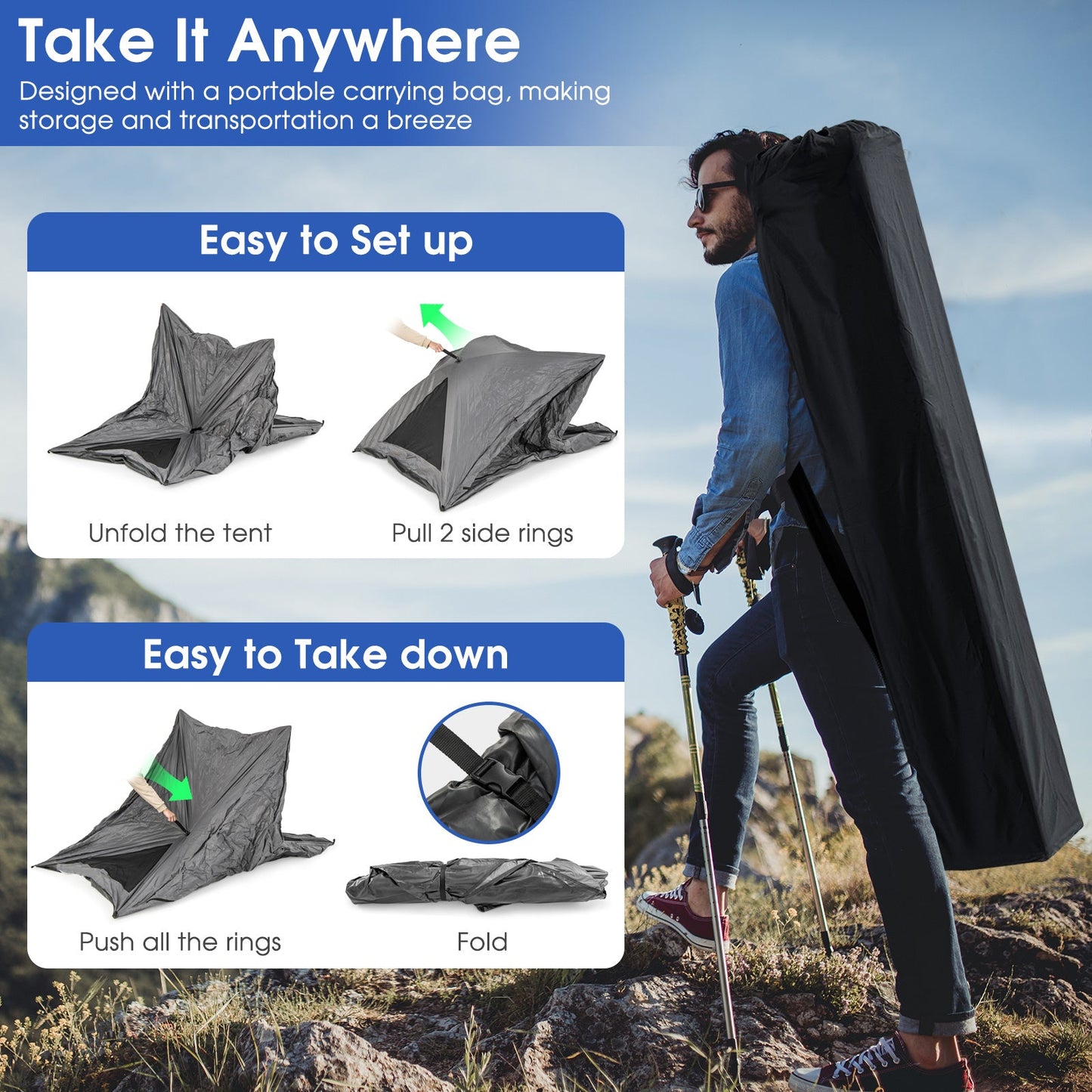 Pop-up camping tent for 2-3 people, gray with carry bag and rainfly, easy setup on Tampa Home & Garden Store