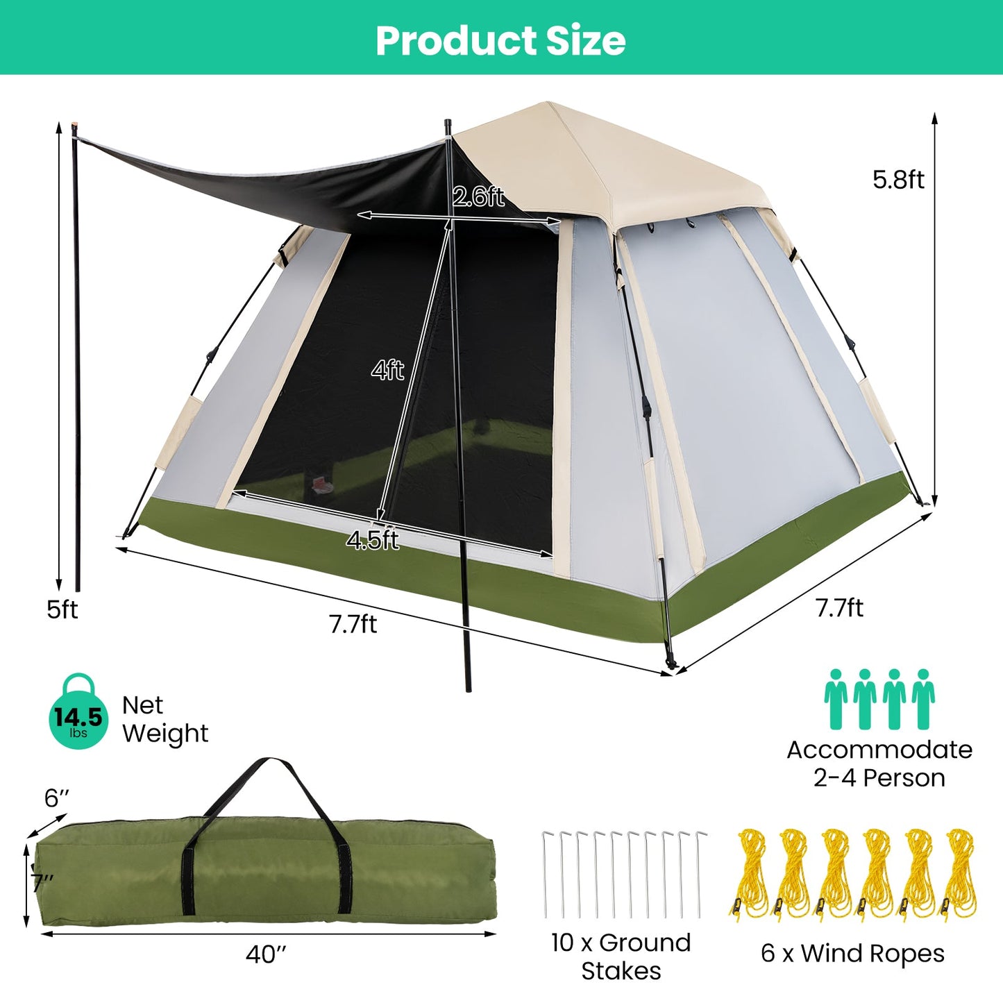 GemGear 2-4 Person Instant Pop-up Camping Tent with Removable Rainfly beige/green on Tampa Home & Garden Store