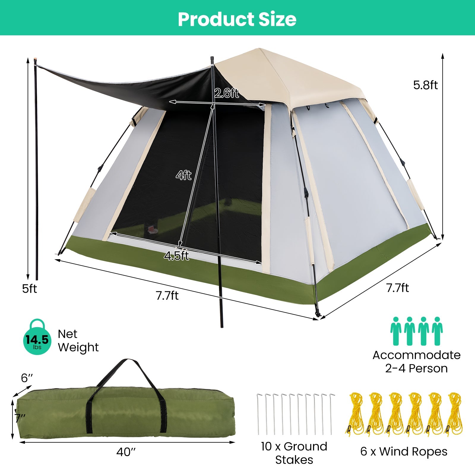 GemGear 2-4 Person Instant Pop-up Camping Tent with Removable Rainfly beige/green on Tampa Home & Garden Store