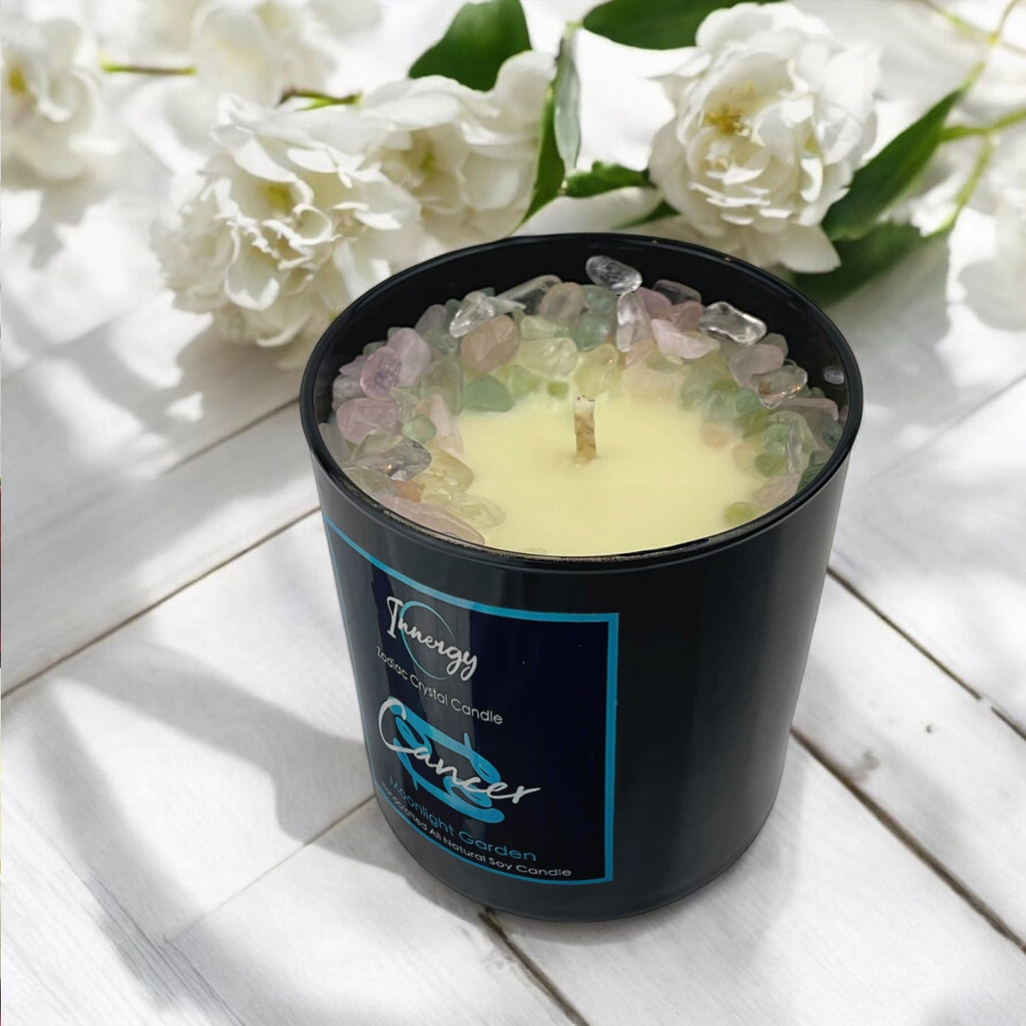 Cancer Zodiac Crystal Candle with Green Fluorite, Rose, and Crystal Quartz | Coconut-Soy Wax Candle, 9oz - Tampa Home & Garden Store