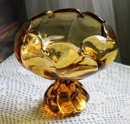 Candy Bowl.  Amber Glass Footed Bowl. Pinched Rim Bowl or Compote with Scalloped Rim and Ornate Foot. Glass Art Home Decor. - Tampa Home & Garden Store