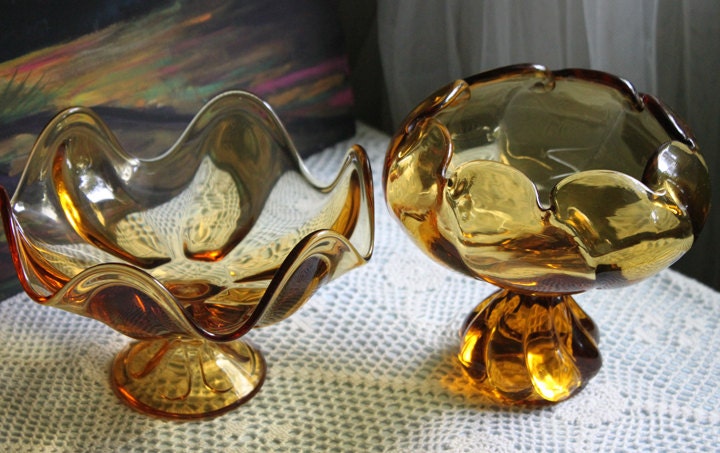 Candy Bowl.  Amber Glass Footed Bowl. Pinched Rim Bowl or Compote with Scalloped Rim and Ornate Foot. Glass Art Home Decor. - Tampa Home & Garden Store