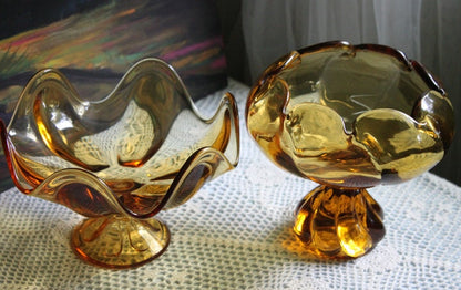 Candy Bowl.  Amber Glass Footed Bowl. Pinched Rim Bowl or Compote with Scalloped Rim and Ornate Foot. Glass Art Home Decor. - Tampa Home & Garden Store