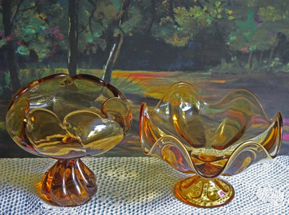 Candy Bowl.  Amber Glass Footed Bowl. Pinched Rim Bowl or Compote with Scalloped Rim and Ornate Foot. Glass Art Home Decor. - Tampa Home & Garden Store