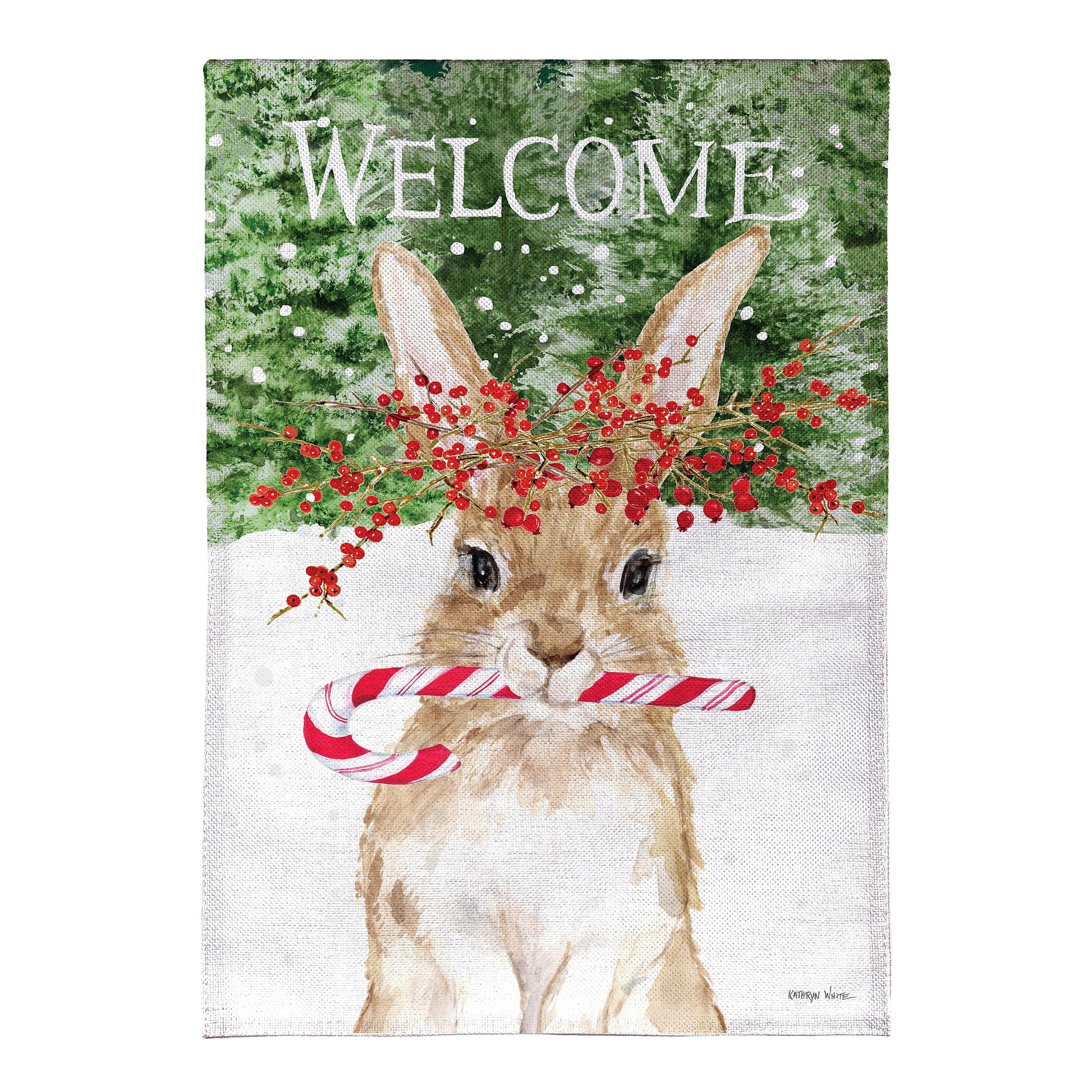 Candy Cane Rabbit Burlap House Flag - Tampa Home & Garden Store