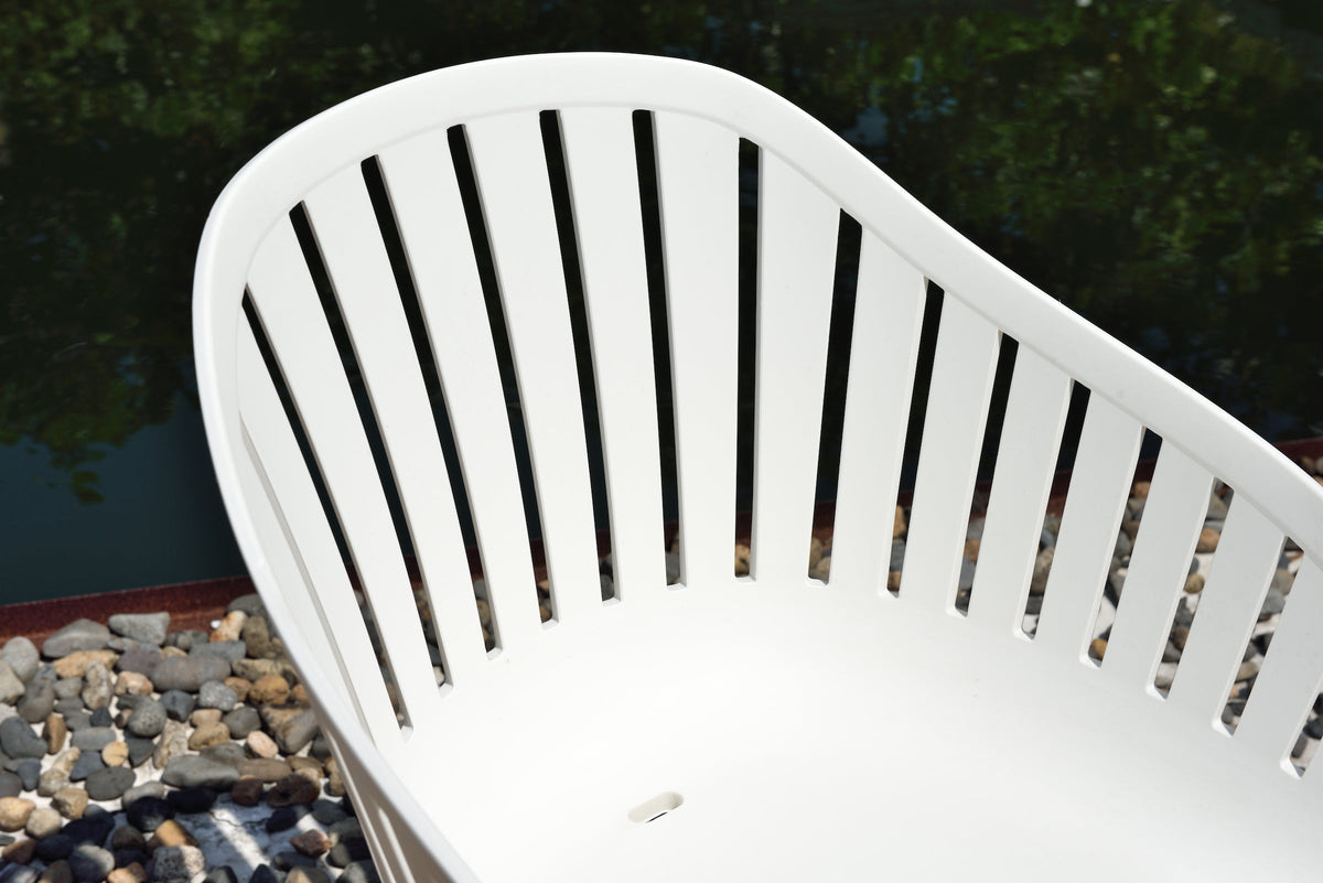 Leyland Table and Nassau White Armchairs Dining Set: white plastic chair with slatted back on Tampa Home & Garden Store