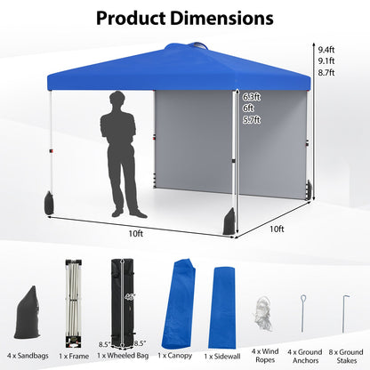 10 X 10 FT Pop up Canopy Tent with 1 Sidewall and Wheeled Bag-Blue