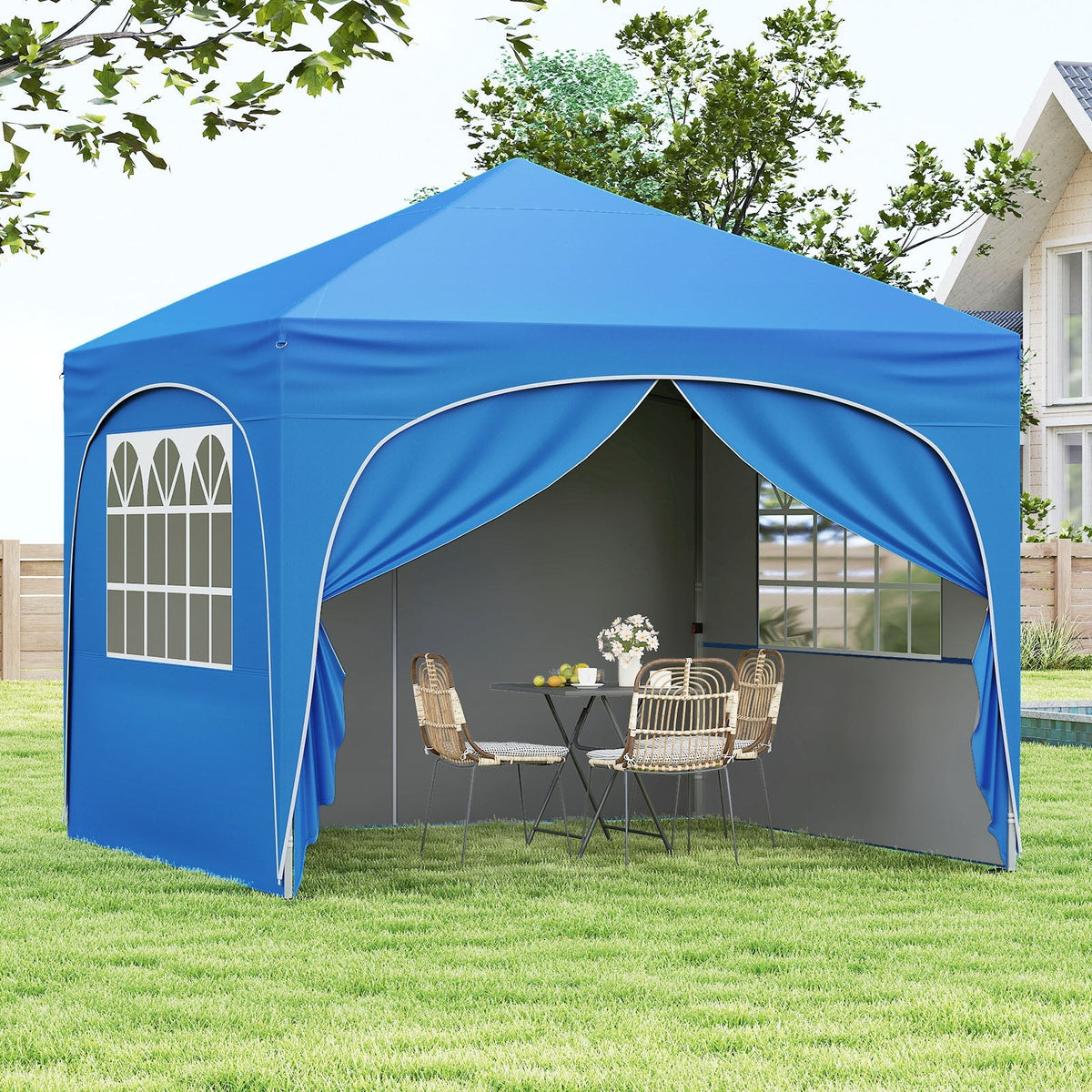 GemGear 10x10 ft pop up canopy tent with four removable sidewalls in blue for outdoor dining on Tampa Home & Garden Store