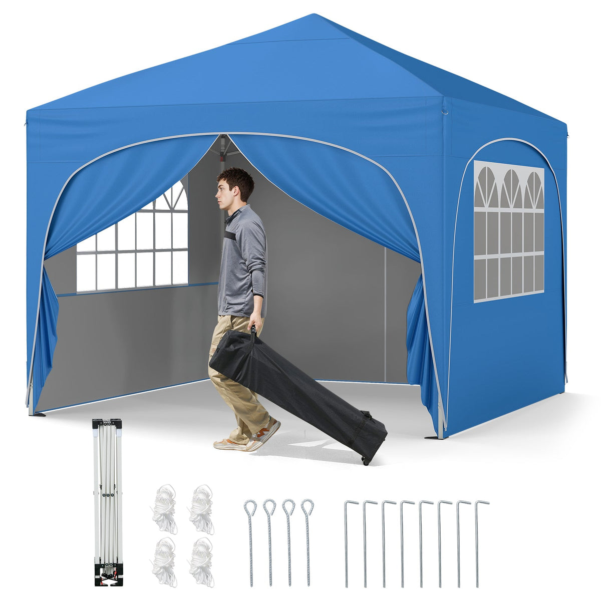 GemGear 10x10 ft blue pop-up canopy with 4 removable sidewalls, frame, stakes on Tampa Home & Garden Store