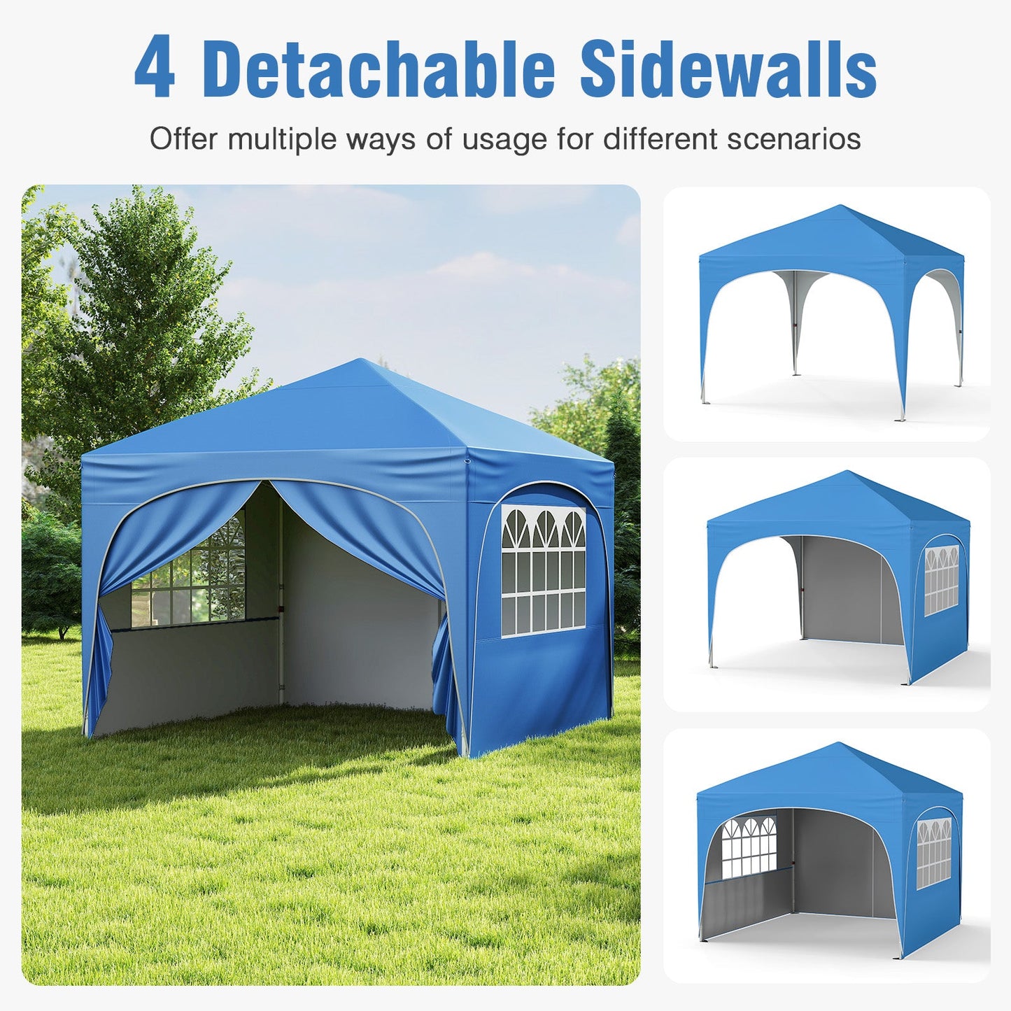 Carpa de dosel emergente de 10 x 10 pies con 4 paredes laterales extraíbles - Azul