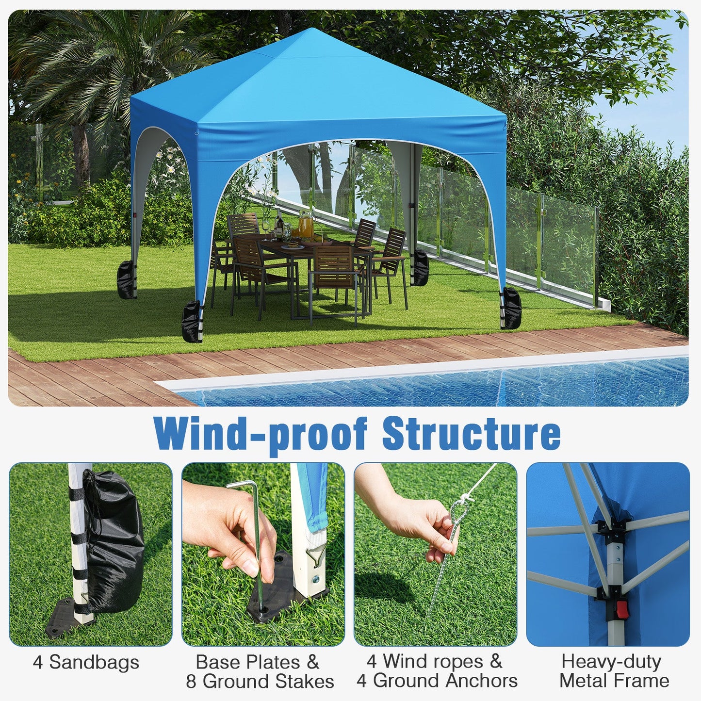 Carpa de dosel emergente de 10 x 10 pies con 4 paredes laterales extraíbles - Azul