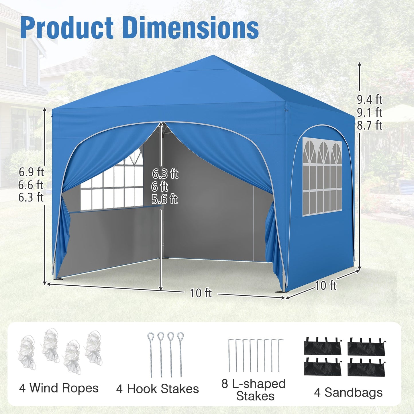 10 X 10 FT Pop up Canopy Tent with 4 Removable Sidewall-Blue