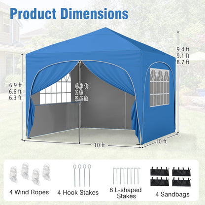 10 X 10 FT Pop up Canopy Tent with 4 Removable Sidewall-Blue