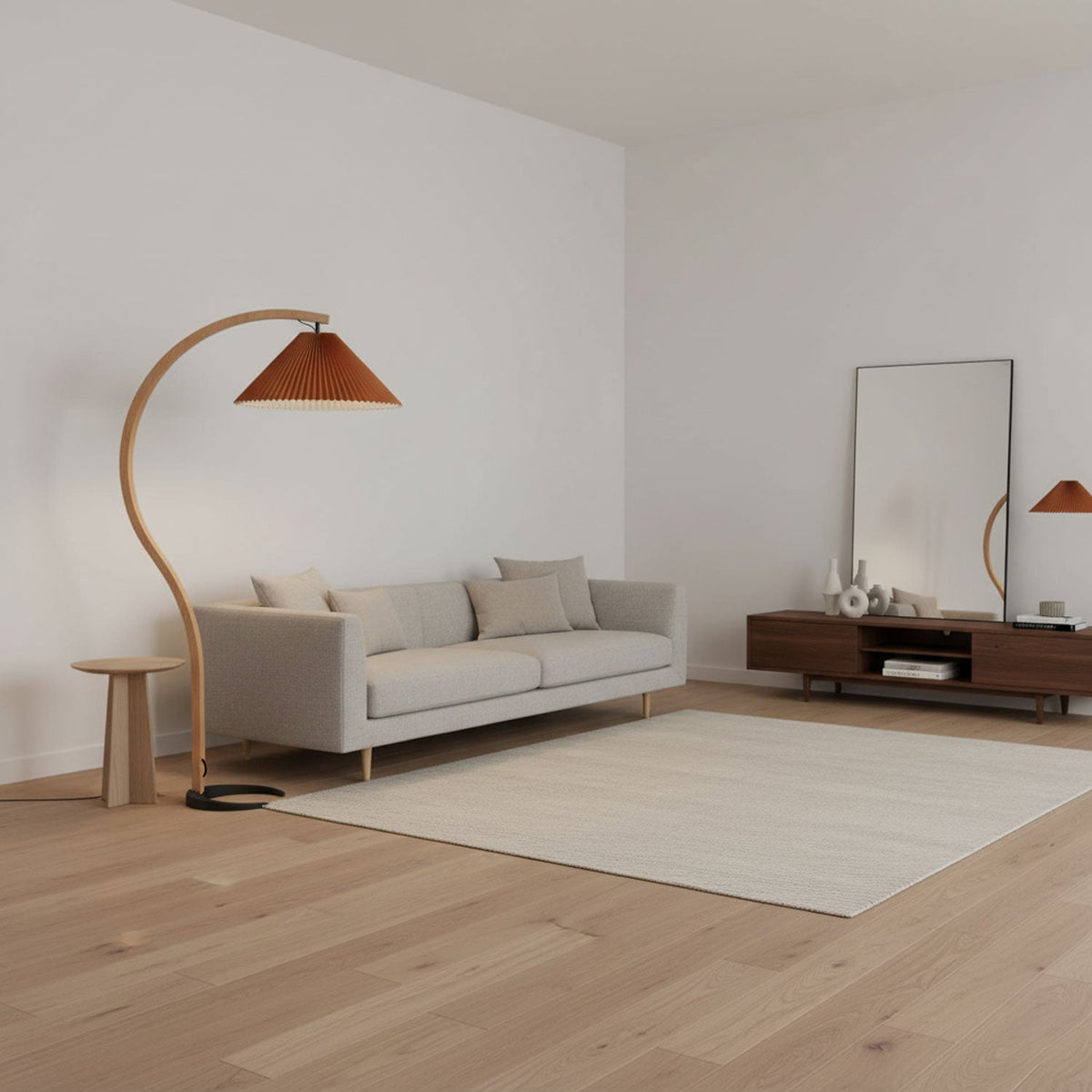 Arbora Arc Floor Lamp in beech wood with a pleated terracotta shade by Moktan Sabai on Tampa Home & Garden Store