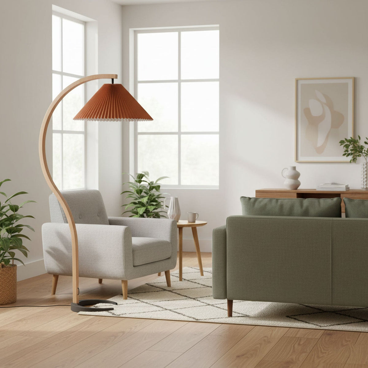 Arbora Arc floor lamp in beech wood with orange pleated shade Moktan Sabai plug-in lamp on Tampa Home & Garden Store